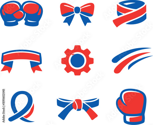 Minimal Fighter Icons. Two-Color vector icons of minimal fighter motifs: small glove arc, tiny bow knot, simple wrap line, gentle