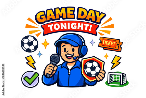 Cheerful male sports announcer cartoon with soccer elements and game day enthusiasm