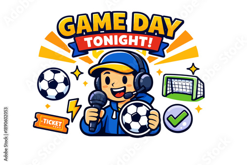 Young caucasian male commentator excited for soccer game night with microphone and headset