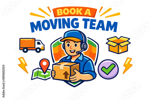 Cartoon delivery professional with box and icons: moving service concept