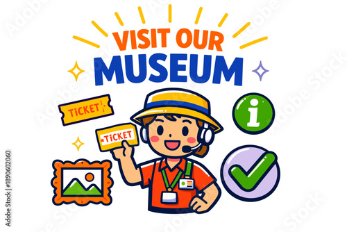 Museum guide cartoon character with tickets and info icons