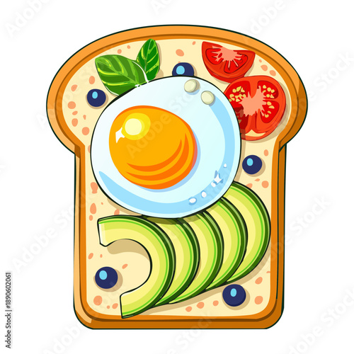 Avocado toast with fried egg tomato slices and green herbs for a popular healthy brunch - Vector Illustration