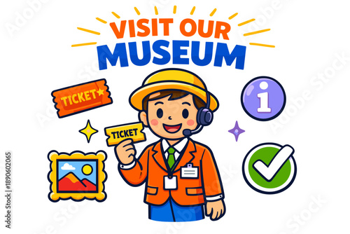 Cartoon museum guide male character promotes admission with ticket and information icons