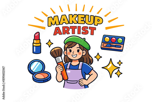 Young female makeup artist cartoon with tools and accessories