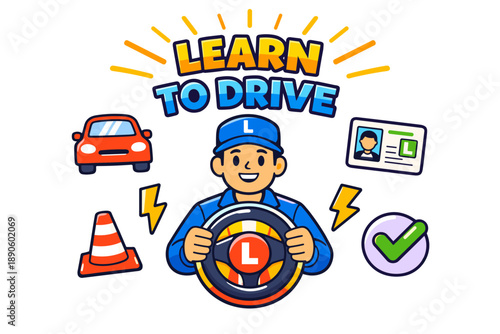 Male driving instructor with steering wheel and learner symbols illustration