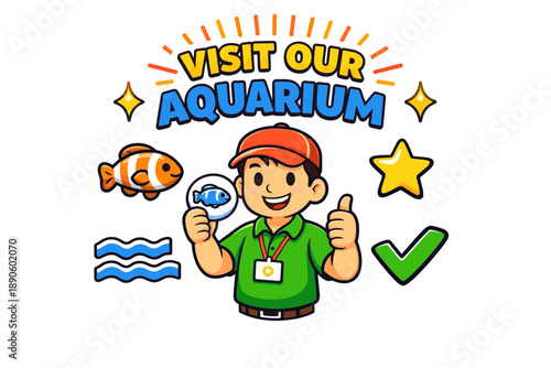 Visit our aquarium: cartoon guide with marine life, symbols, and enthusiastic welcome