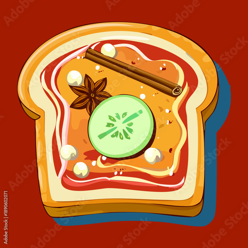 Toasted bread with cucumber slices and star anise spice for a unique flavored healthy snack - Vector Illustration