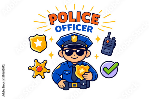 Cartoon police officer with badge and radio