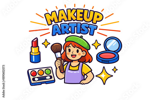 Cartoon female makeup artist with tools and accessories