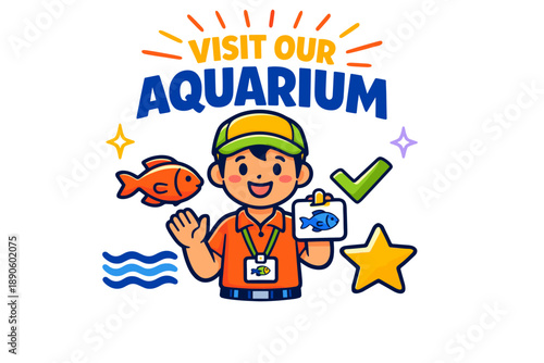 Visit our aquarium: cartoon male guide promoting marine adventure