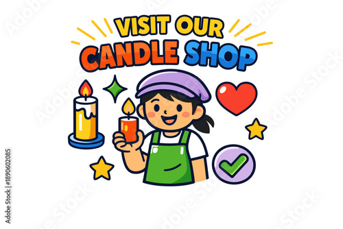 Cartoon girl promoting candle shop with bright colors and decorative elements