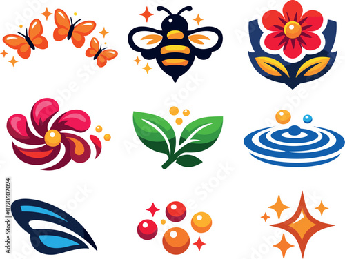 Image Generation. Two-Color vector icons of garden pollinators: butterfly arc, bee shape, flower crest, petal curl, leaf sprig,