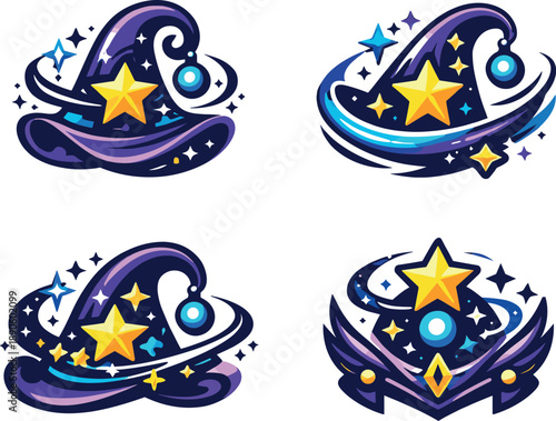 Image Generation. Two-Color vector icons of a star-infused mystical headpiece (related theme): star curl, arc brim, curved hat tip