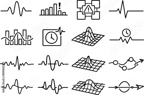 Image Generation. Line style vector icons of anomaly detection: pulse arc, feedback bar, sync tile, transition line, resonance bar