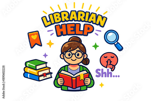Cartoon female librarian with books and magnifying glass offering help