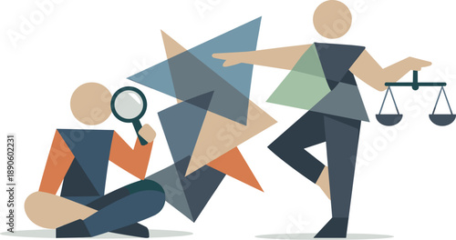 Geometric Human Abstraction. Two abstract geometric figures interconnect and layer angular shapes into visible intersecting