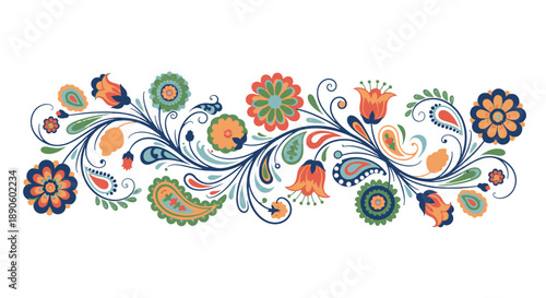 Vibrant Floral Pattern with Swirling Motifs and Paisley Designs.