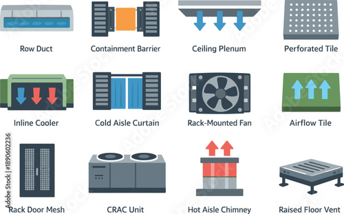 Image Generation. Flat vector icons of rack cooling design: row duct, containment barrier, ceiling plenum, perforated tile, inline