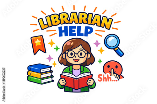 Female librarian character with books, magnifying glass, and shhh icon