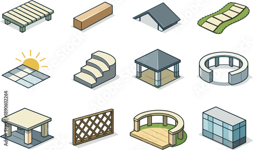 Image Generation. Isometric vector icons of architecture in nature: pergola stripe, wooden beam outline, roofline contour, garden