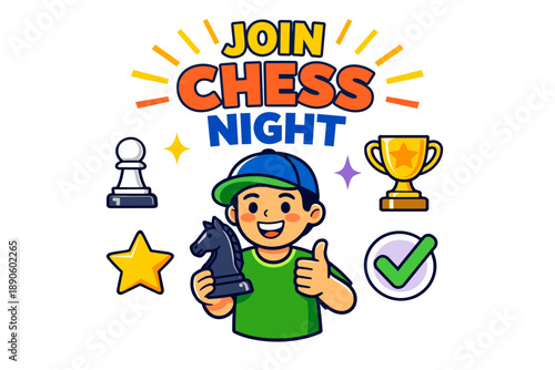 Join chess night: cartoon boy with chess piece and trophy