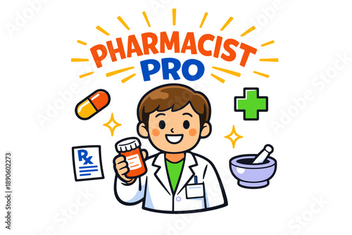 Cartoon pharmacist boy with medicine and pharmacy icons