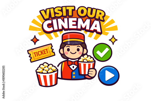 Cinema invitation with popcorn and ticket featuring cartoon usher