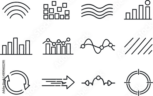 Image Generation. Line style vector icons of smart home kitchen devices: wave arc, rhythm tile, flow line, timing bar, amplitude