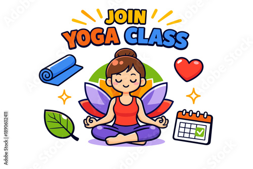 Join yoga class: cartoon female meditating with accessories and icon graphics
