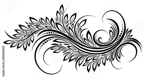 Elegant black floral swirling leaf design element.