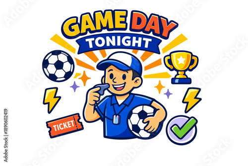 Game day celebration with soccer elements and coach illustration