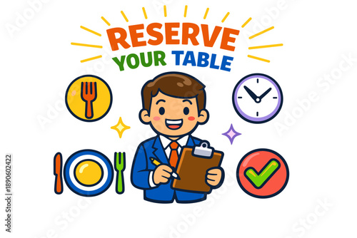 Cartoon young adult male ready to reserve tables for dining with utensils and clock