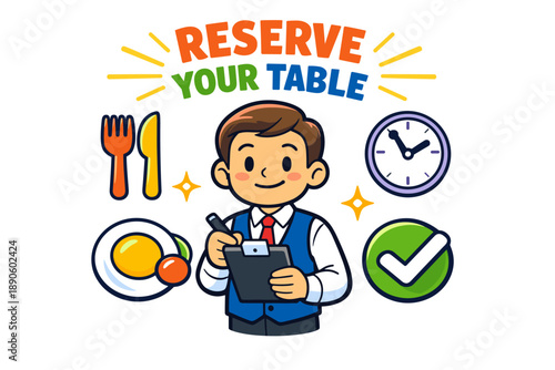 Cheerful male host taking reservations in restaurant setting with icons