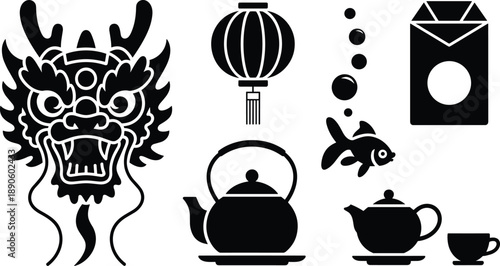 Chinese New Year silhouette icon set, dragon head, lantern, koi fish, teapot, teacup, envelope, black traditional symbols