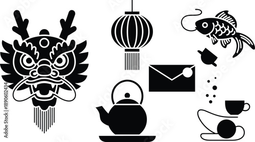 Chinese New Year silhouette icon set, dragon head, lantern, koi fish, teapot, tea cup, envelope, minimal black symbols