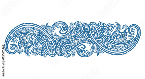Intricate blue paisley pattern design element on white background.