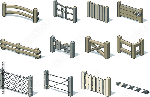 Image Generation. Isometric vector icons of fences and boundaries: post-and-rail arc, simple gate ring, vertical slat tile, latch