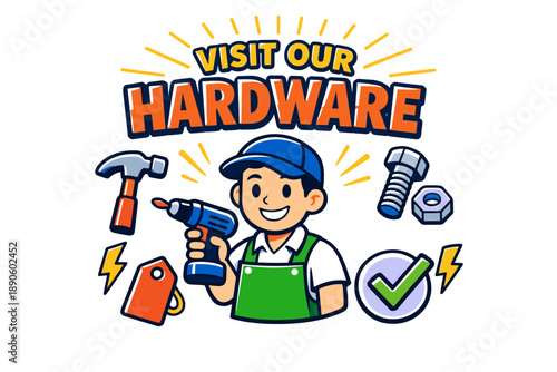 Young male carpenter with tools promoting hardware store