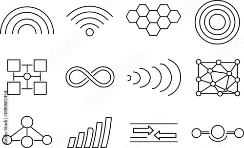 Image Generation. Line style vector icons of cyber security network protection: rhythm arc, signal contour, pattern contour,