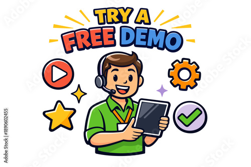 Cartoon male character offering free demo with tablet and headset