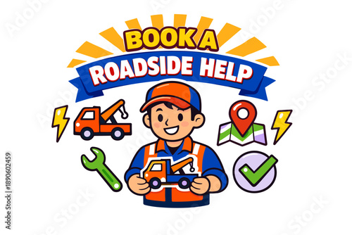Cartoon male mechanic promoting roadside assistance service with tools and icons