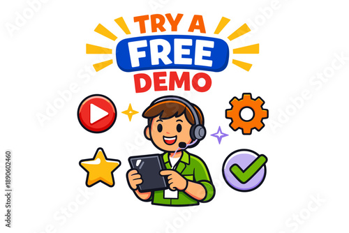 Cartoon male demonstrating digital gadgets with icons for free demo promotion