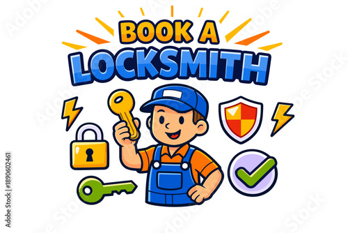 Cartoon male locksmith holding key with safety icons