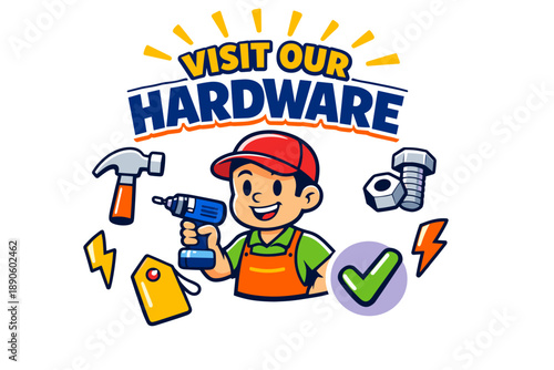 Cartoon boy promoting hardware tools with hammer and drill illustration