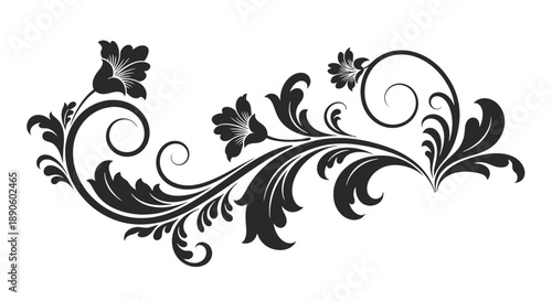 Elegant black floral design with swirling leaves and flowers.