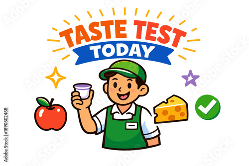 Taste test event with happy young male host promoting fresh apple and cheese