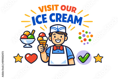 Smiling ice cream vendor with fruits and icons
