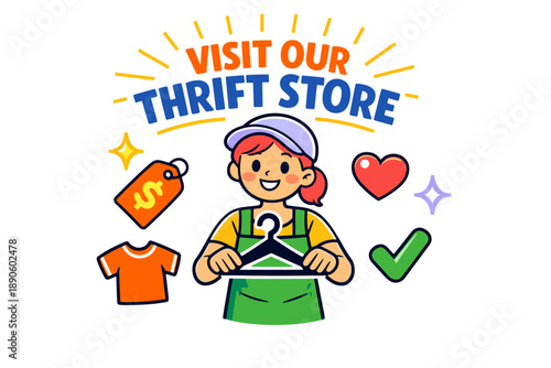Female cartoon thrift store promotion with clothing and accessories