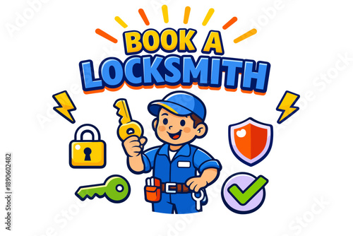 Cartoon locksmith character with key and safety icons in blue uniform