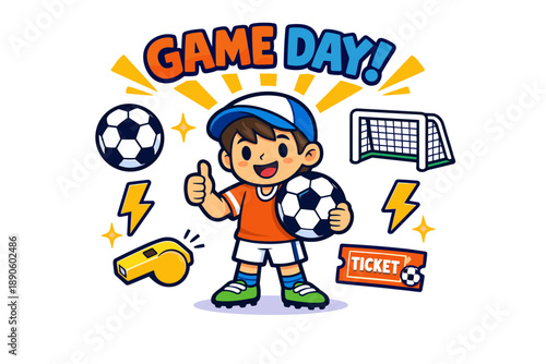 Cartoon soccer illustration with happy young boy holding soccer ball